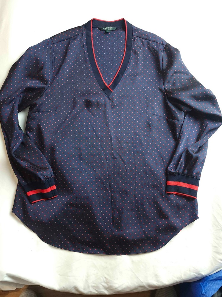 Lauren Ralph Lauren Blouse Top Womens Size XL Navy Blue Polka Dot Long Sleeve