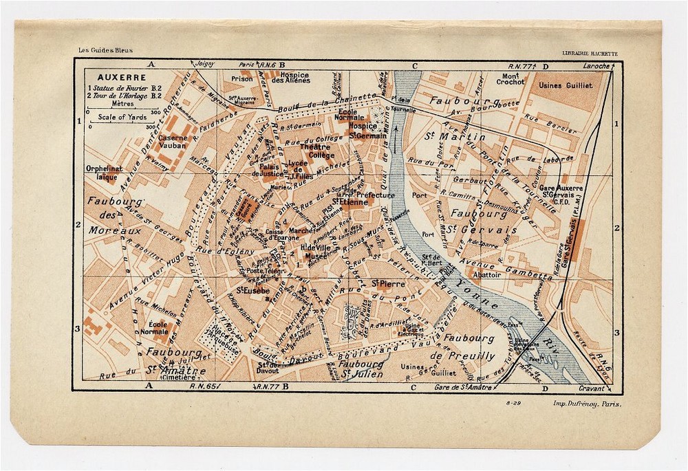 1930 Original Vintage City Map Of Auxerre Burgundy / France