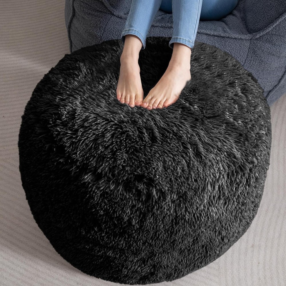Round Stuffed Pouf Ottoman Long Faux Fur Poufs W/ Foam Chunk Filling Fluffy &