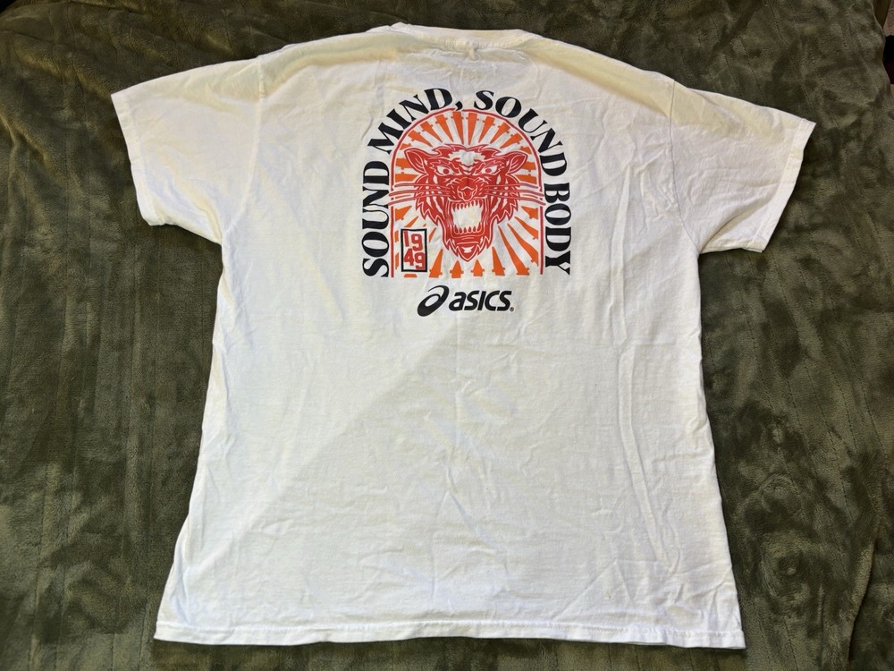 Vintage ASICS Shirt Mens Large White aXC Running 90s Tiger 1949 Sound Graphic