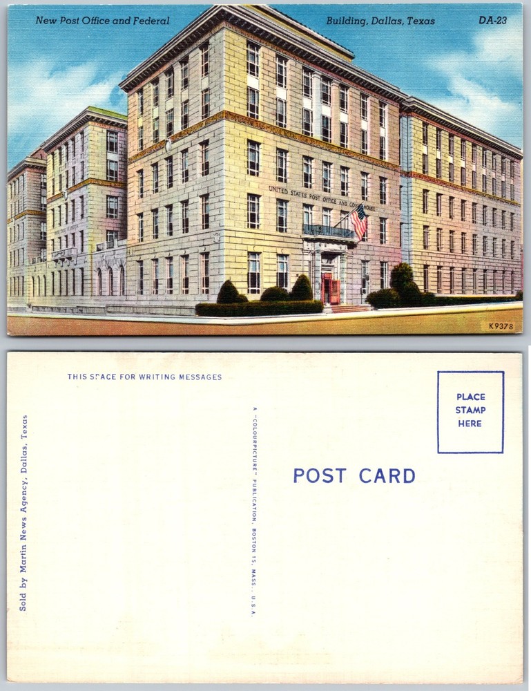 Post Office Federal Building Dallas TX Flag Postcard