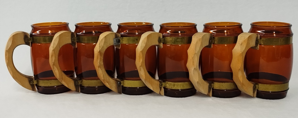 Vintage Siesta Ware Barrel Mug Amber Brown Glass Wood Handle Western Lot of 6