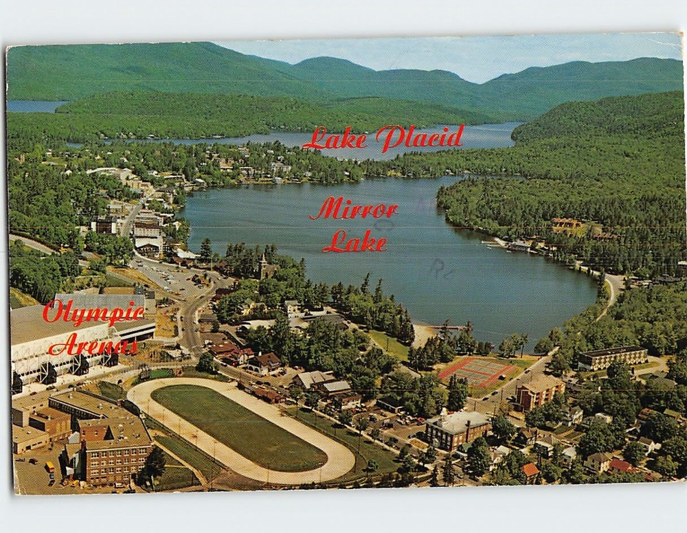 Postcard Aerial View Of Olympic Arena Mirror Lake At Lake Placid NY USA