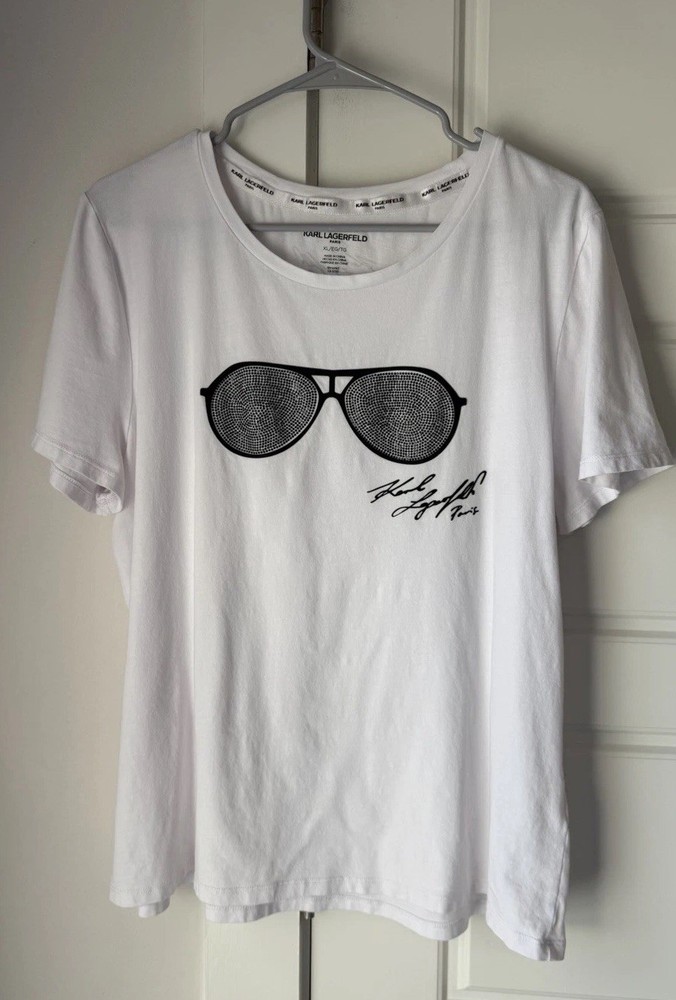 Karl Lagerfeld Paris Women's Rhinestone Sunglasses Graphic T-Shirt White XL
