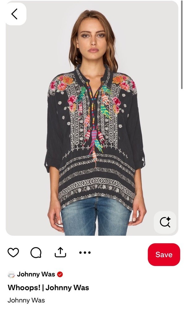 Johnny Was Women's Gray Floral Embroidered Tunic Shirt Sheer Feather Large Boho