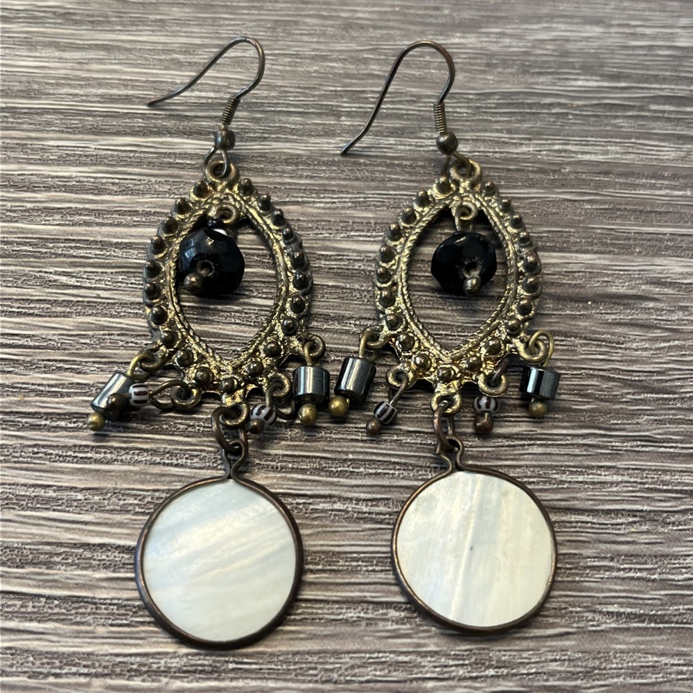 Vintage Boho Dangle Earrings Shell Disc Bead Chandelier Bronze Tone