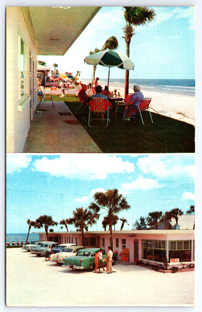 Daytona Beach Florida FL Mermaid Motel People Cars Beach Vintage Photo Postcard