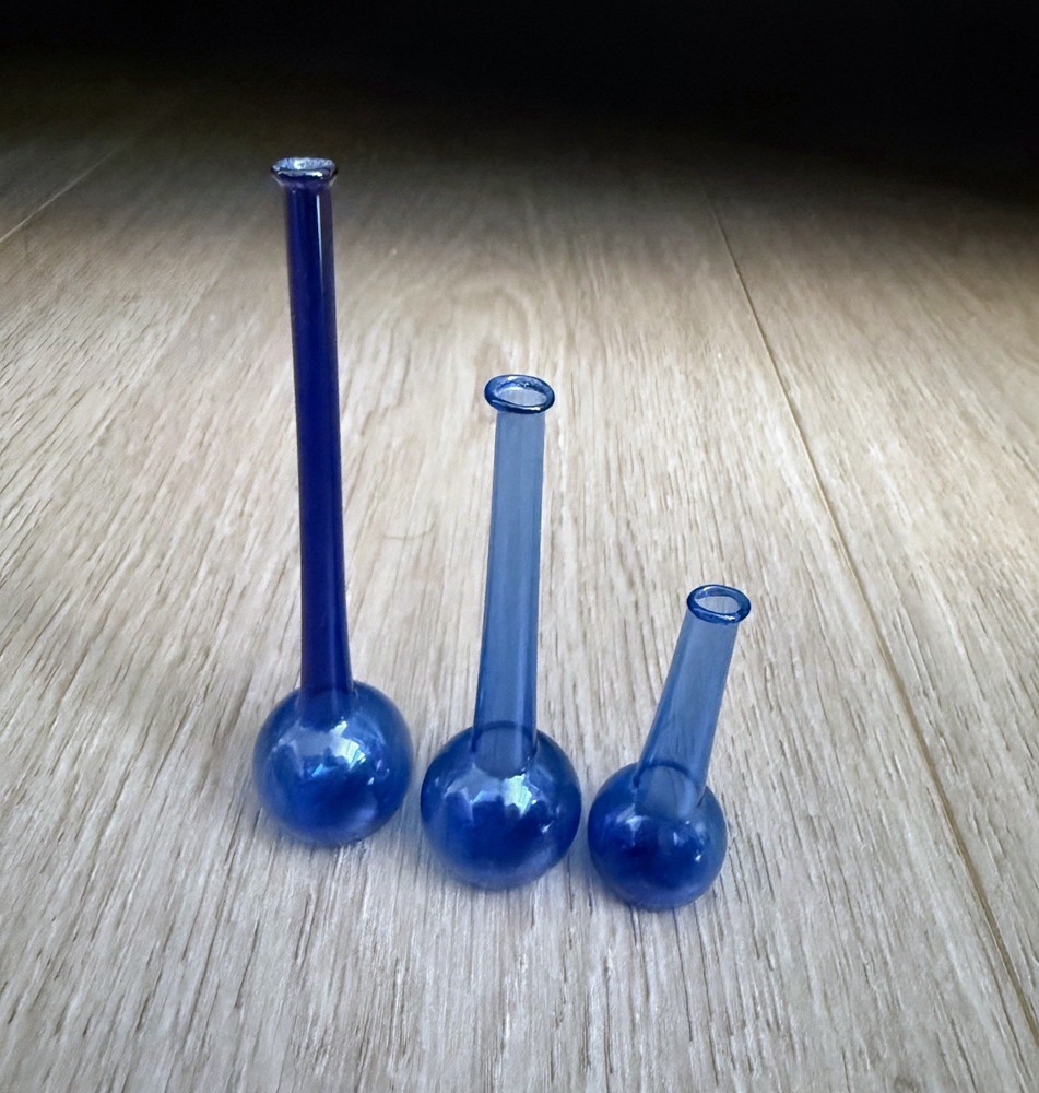 Vintage  lot of 3 Miniature  Cobalt Blue Swung Glass Vase Hand Blown Doll House