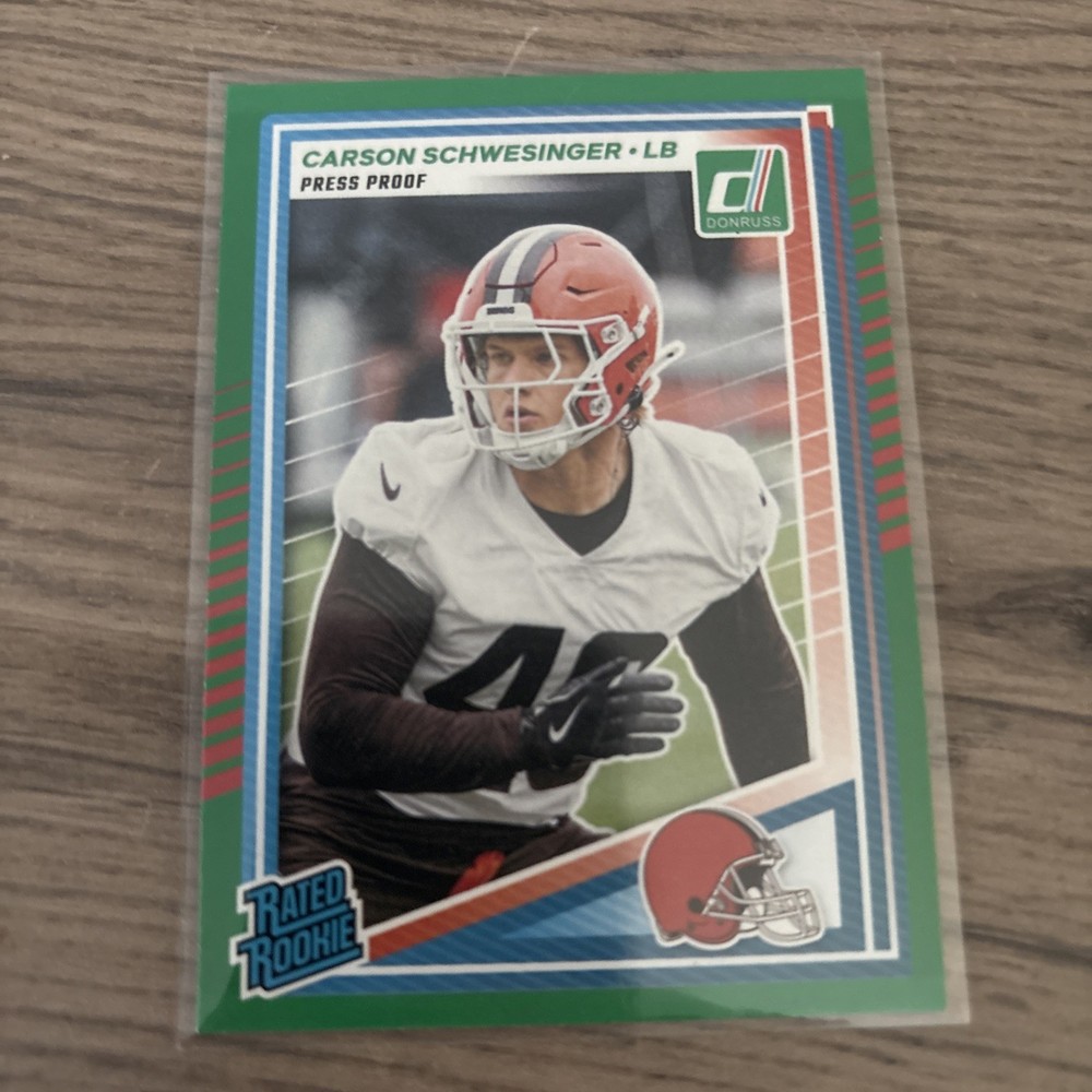 2025 Donruss Carson Schwesinger Green Press Proof Rated Rookie #392 -Browns DROY