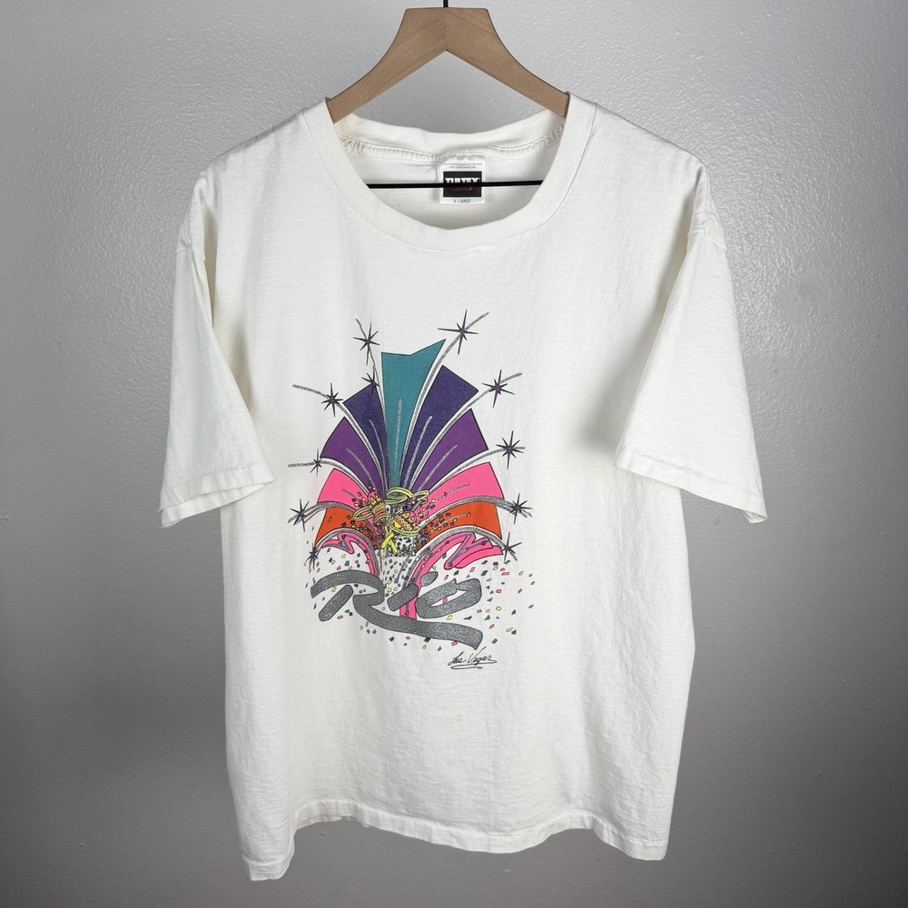 Vintage Las Vegas Rio Hotel and Casino Glitter Graphic Single Stitch T Shirt XL