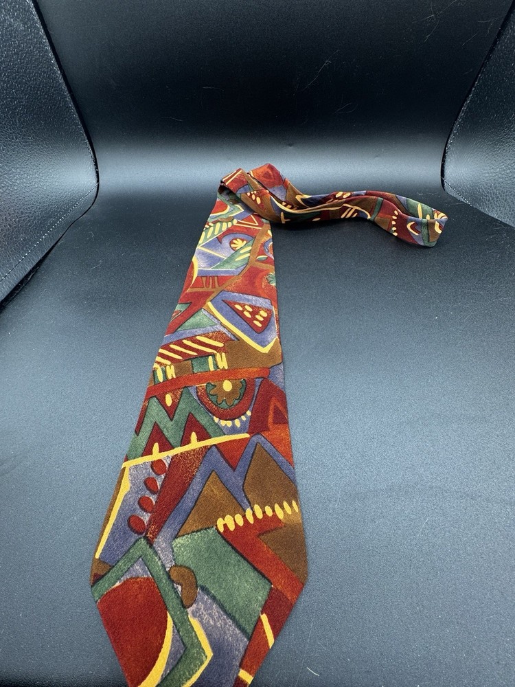 Chez Roffe New York 100% Silk Abstract Geometric Tie Burgundy Green Purple USA