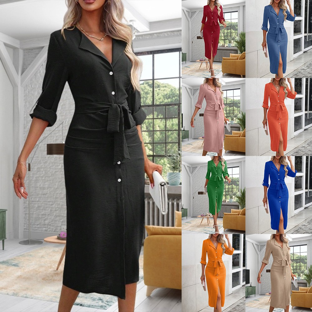 Women V-Neck Bodycon Waist Belted Button Midi Dress OL Work Long Sleeve Dresses