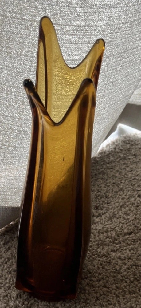Vintage LE Smith  Swung Vase Amber Glass Four Finger Square  11” MCM