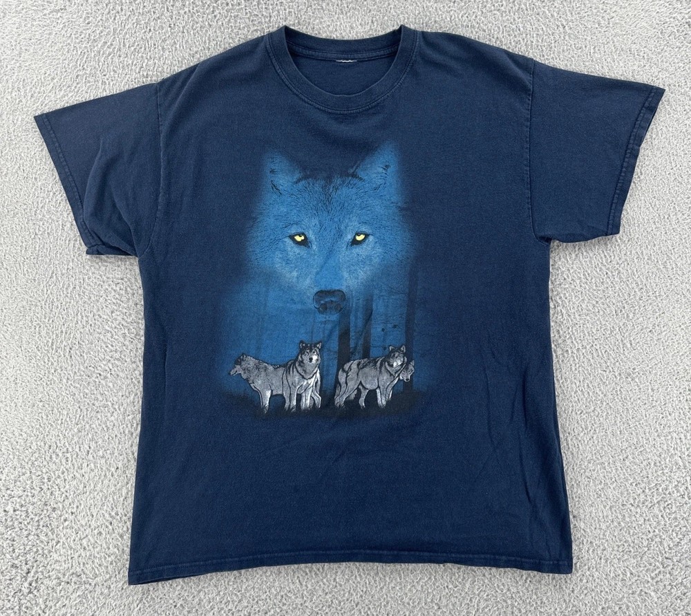 Vintage Blue Adult Medium Short Sleeve T Shirt Wolf Graphic Print 90s Y2K Tee