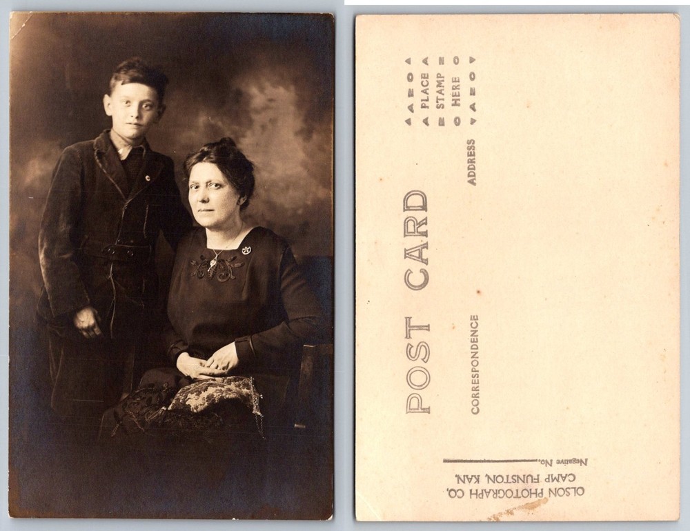 RPPC Camp Funston Kansas WWI Era Mother Son Portrait Olson Photograph Co.