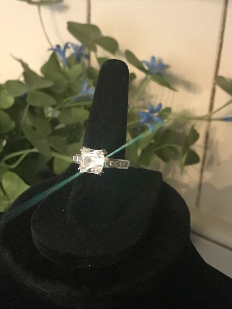 Diamonique CZ Asscher Cut DESIGNER SW 14K WHITE GOLD 3CT RING - Size 6
