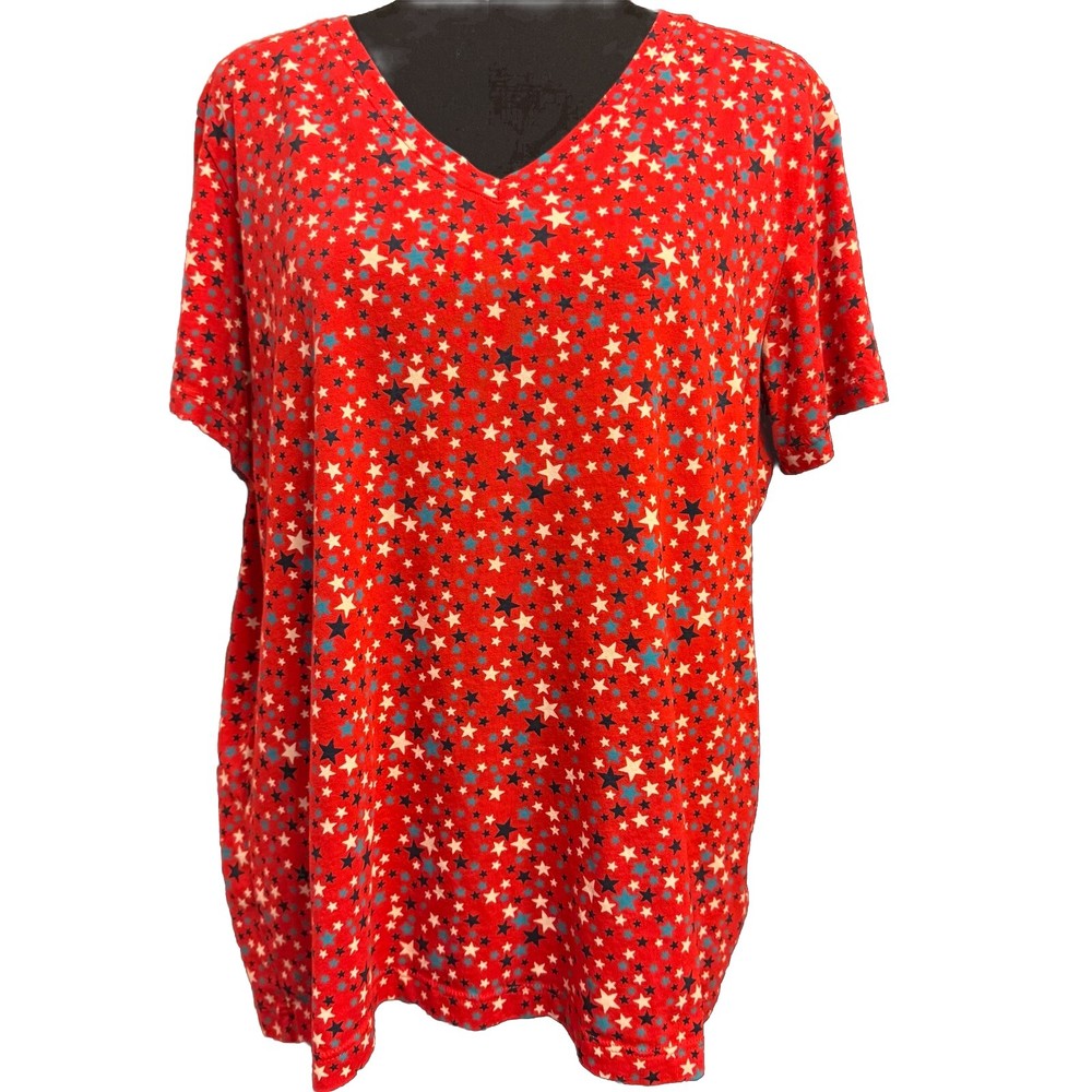 Lands End Womens Patriotic Star Tee Red White Blue Casual Shirt Large