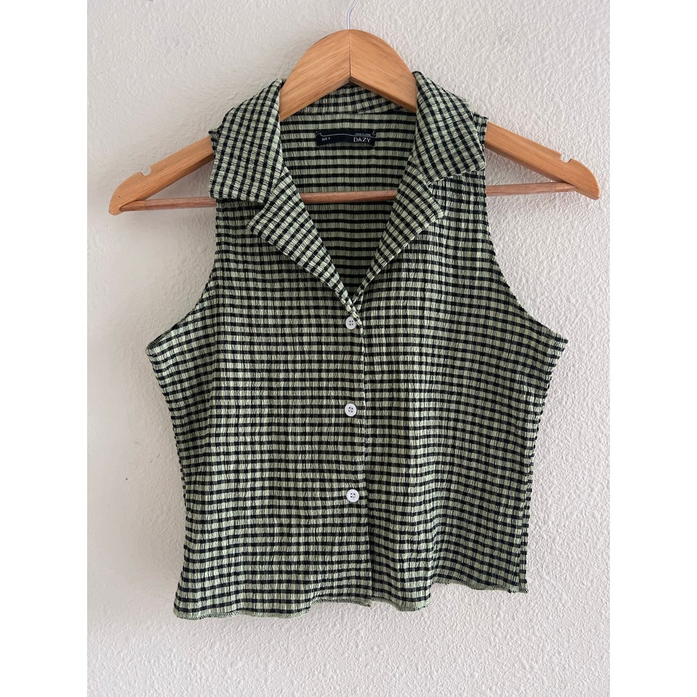 Dazy Gingham button down green tank collared size Small Y2K grunge