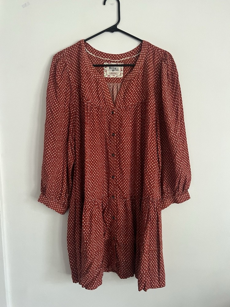 Holding Horses Anthropologie Tunic Top Large Boho Rust Red Peasant Style Tiered