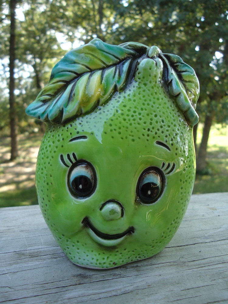 VTG Anthropomorphic Pear Lime Napkin Holder Ceramic Green Kitschy Decor E-0302