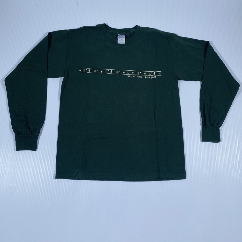 Gildan Ultra Cotton Long Sleeve Shirt M Green Tupper Lake NY Graphic Tee