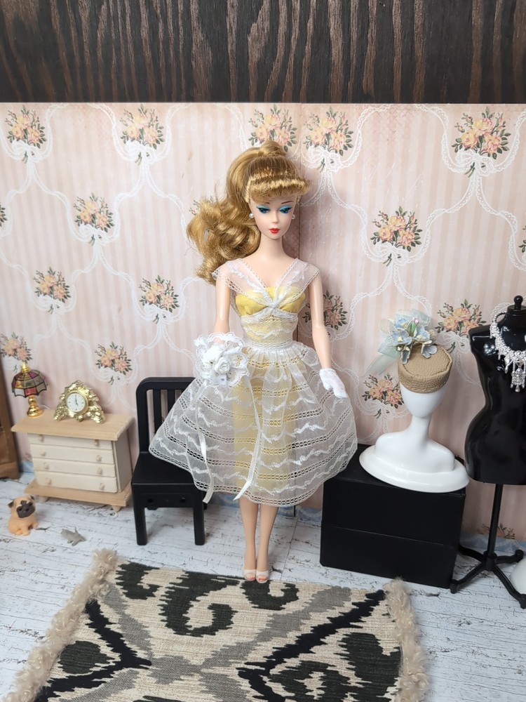 Vintage Barbie Outfit - 1961 Orange Blossom #987, Japan Shoes, Gloves, Bouquet
