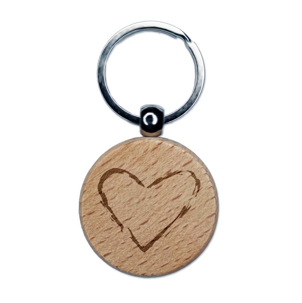Heart Love Sketch Outline Engraved Wood Round Keychain Tag Charm