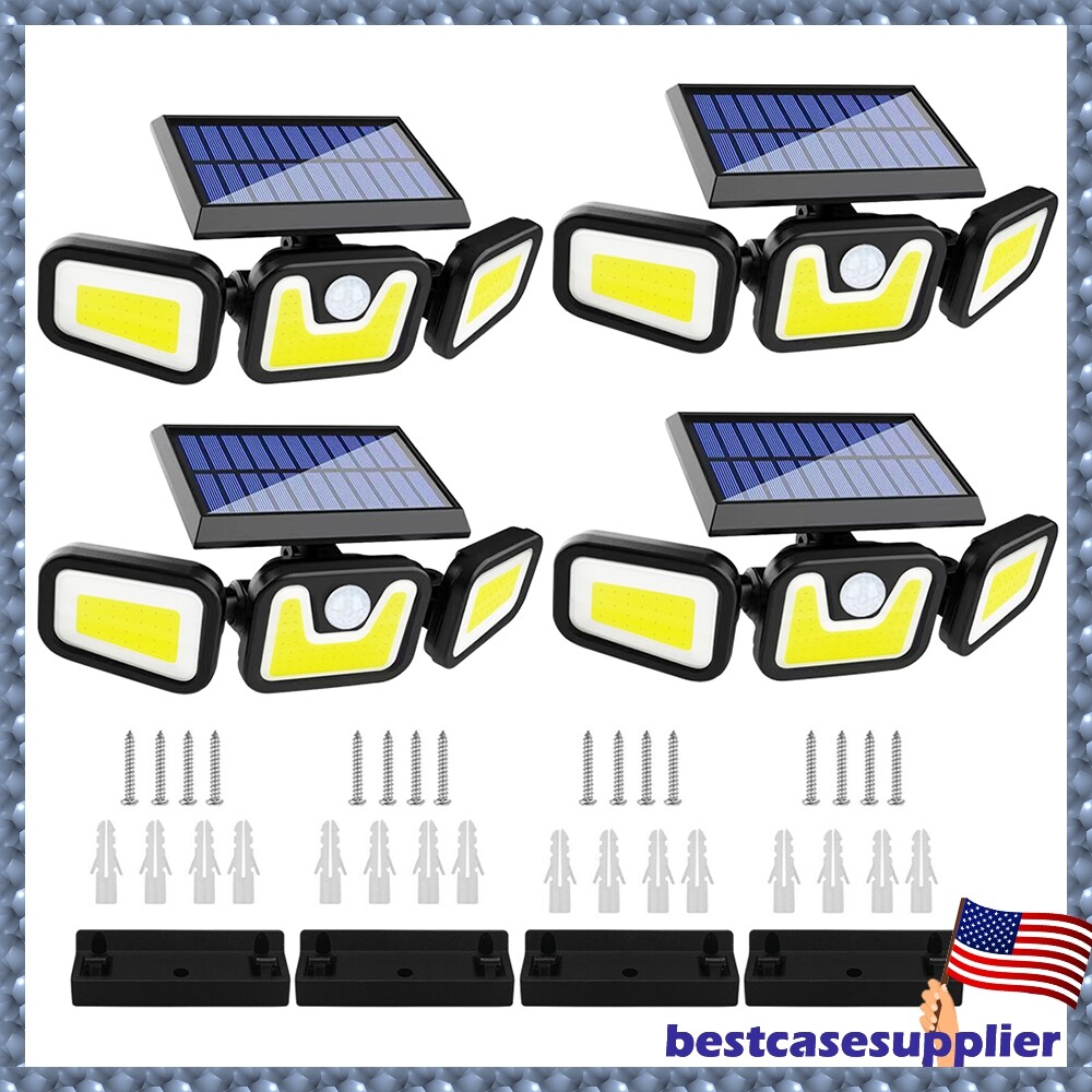 4 Pack Waterproof Solar 3 Head Powered Motion Sensor Wall Outdoor Security Lamps