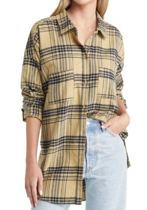 RIP CURL Seeker Flannel Shirt Sz S Beige Navy Blue Plaid Button Down 100% Cotton