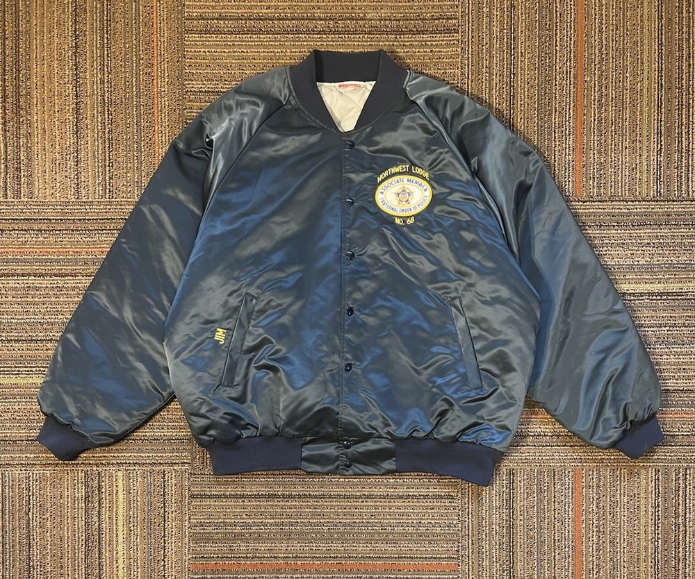 Vintage Satin Bomber Jacket XXL Hartwell Fraternal Order Of Police Insulated VTG