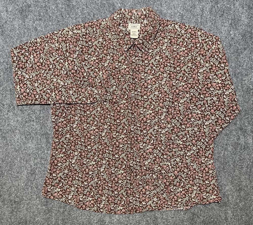 LL Bean Floral Wrinkle Resist Button Up Shirt Long Sleeve Blouse Brown Women L