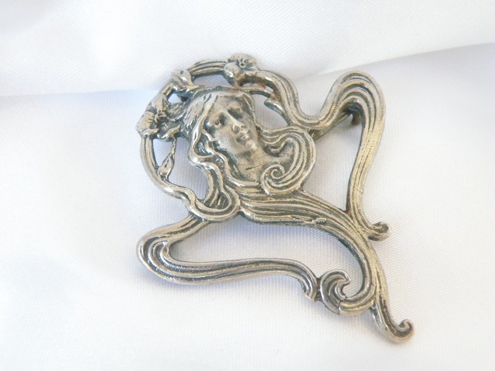 Vintage Sterling Silver 925 Art Nouveau Style Maiden Cameo Brooch Pendant