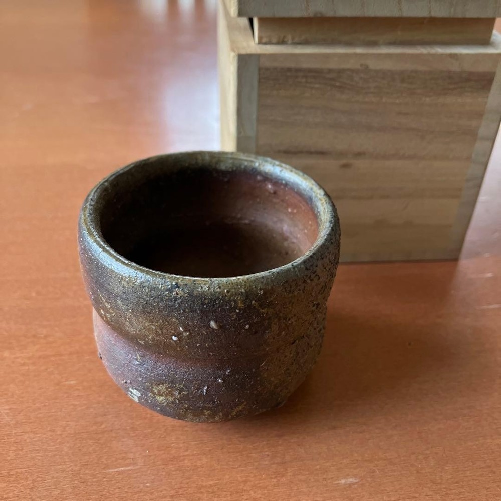 Bizen Ware Choko Cup with Wooden Box Authentic Japanese Pottery
