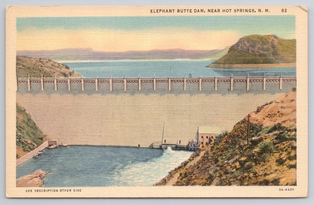 Elephant Butte Dam Hot Springs New Mexico Vintage Linen Postcard Rio Grande