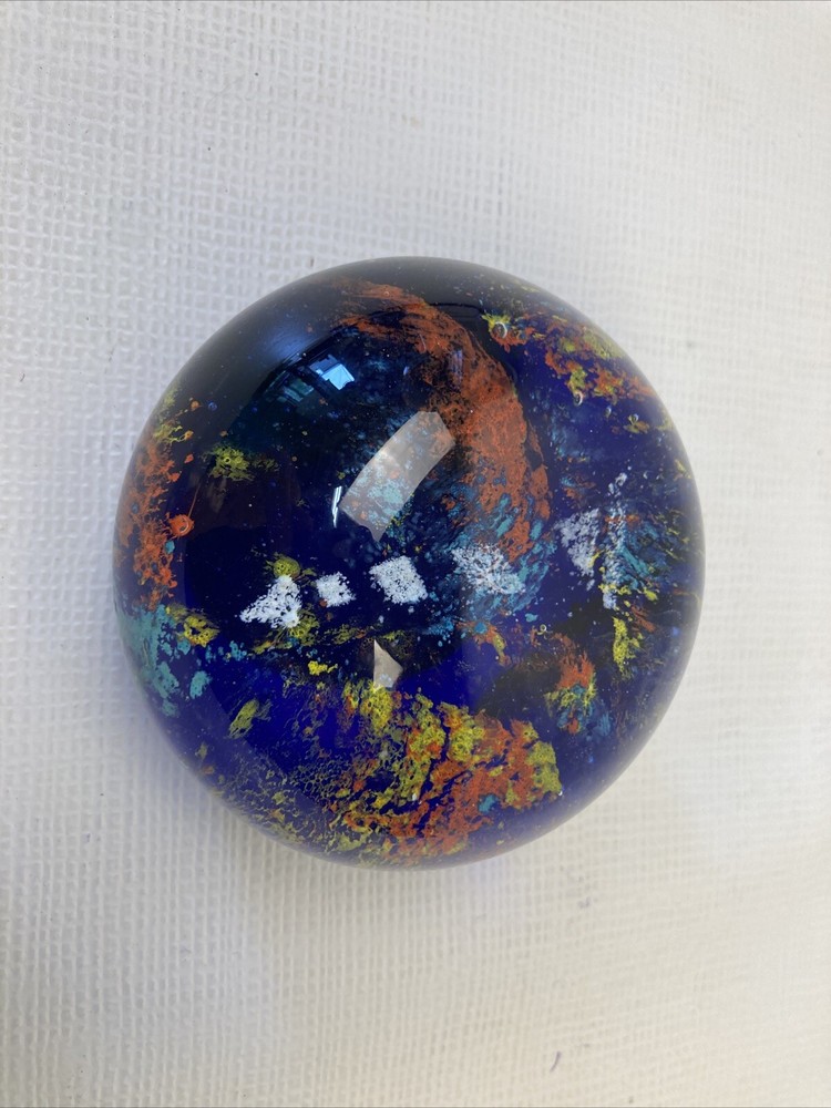 Art Glass Paperweight Deep Cobalt Blue With Multi Colored Abstract Design 3” EUC-image