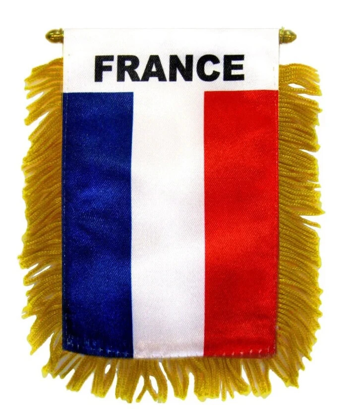 France Mini Banners Gold Fringe Car Mirror Flags with Suction Cup - 1 Dozen