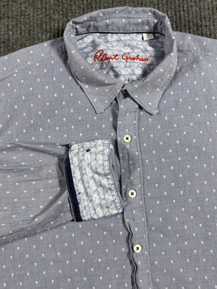Robert Graham Shirt Mens Large Skull Print Flip Cuff Long Sleeve Button Up Blue