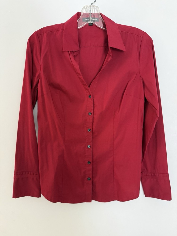 Express Design Studio Women’s Dark Red Button Down Shirt, Med Long Sleeve Fitted