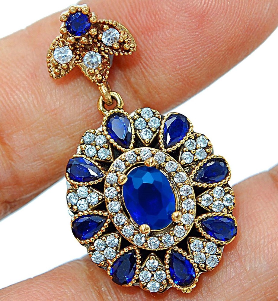Ottoman Empire Style 4CT Treated Blue Sapphire 925 Sterling Silver Pendant S2576