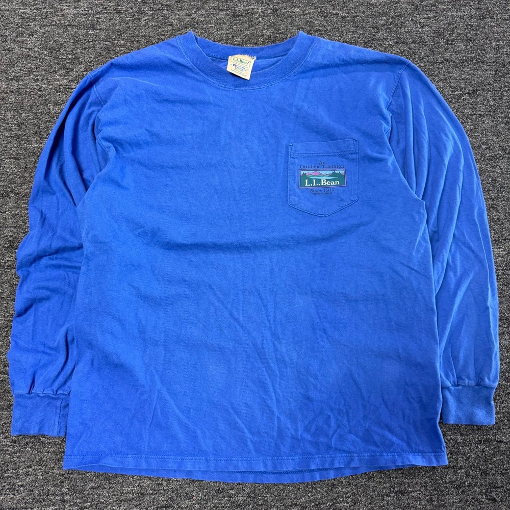 Vintage 90s LL Bean By Russell Athletics Blank Logo Pocket T-Shirt M Blue RARE