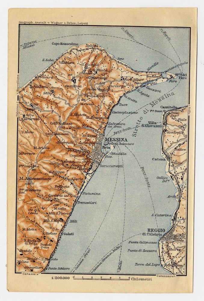 1911 Original Antique Map Of Strait Of Messina Reggio / Sicily / Italy