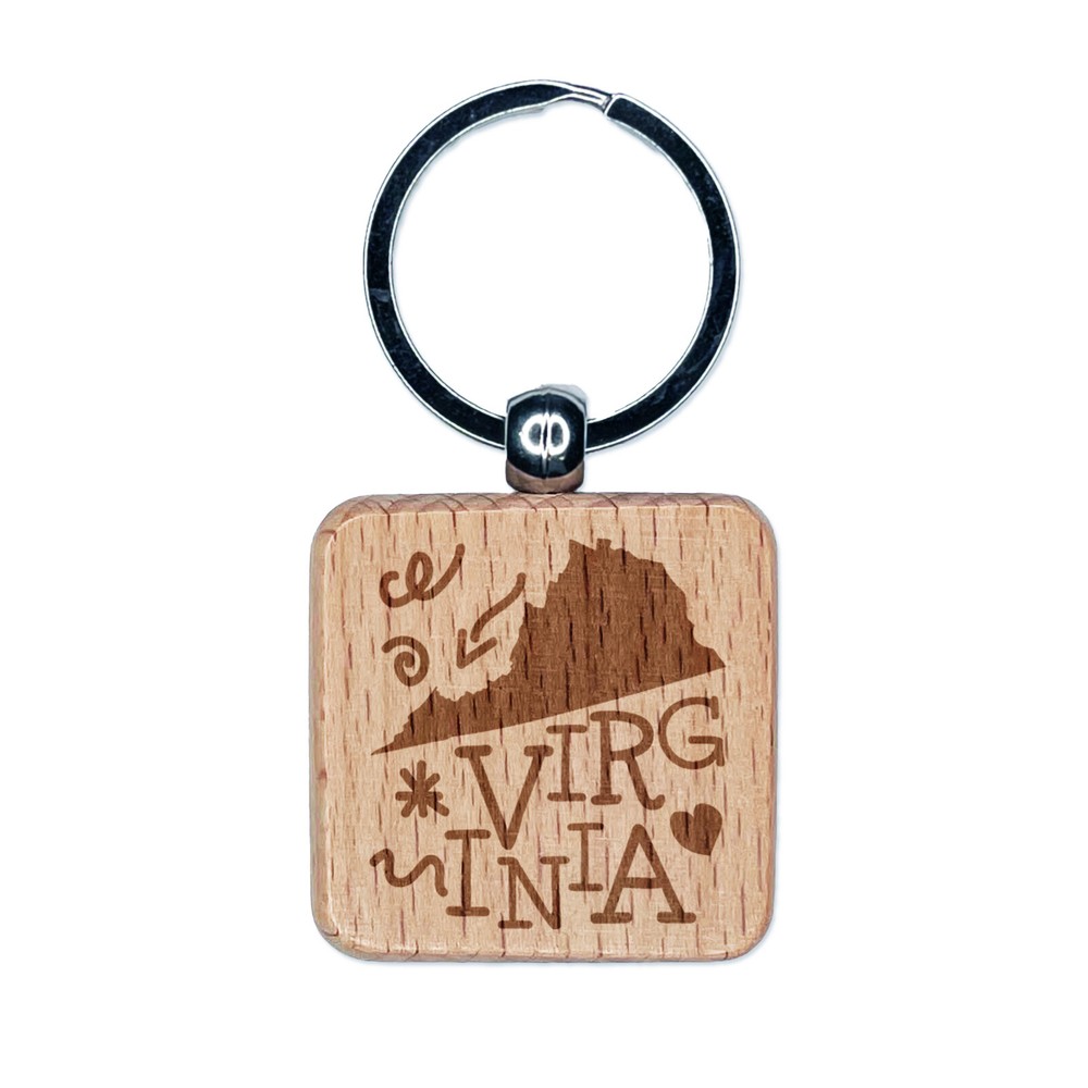 Virginia State Engraved Wood Keychain with Swirls