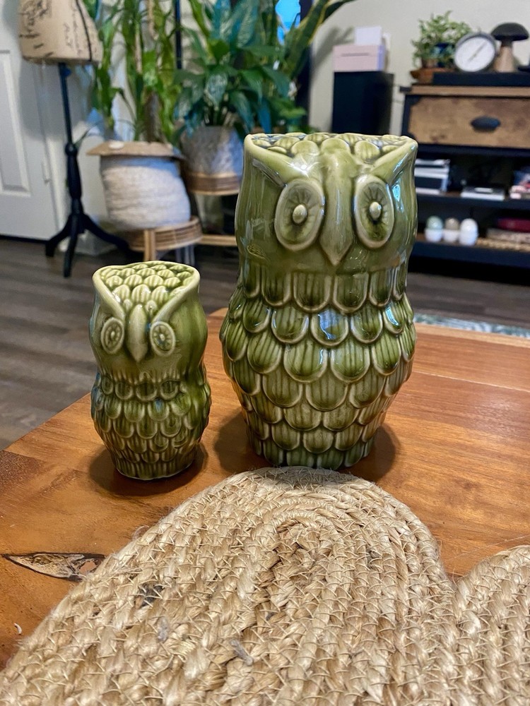 Retro Bordallo Pinheiro Ceramic Green Owls Set Of Two