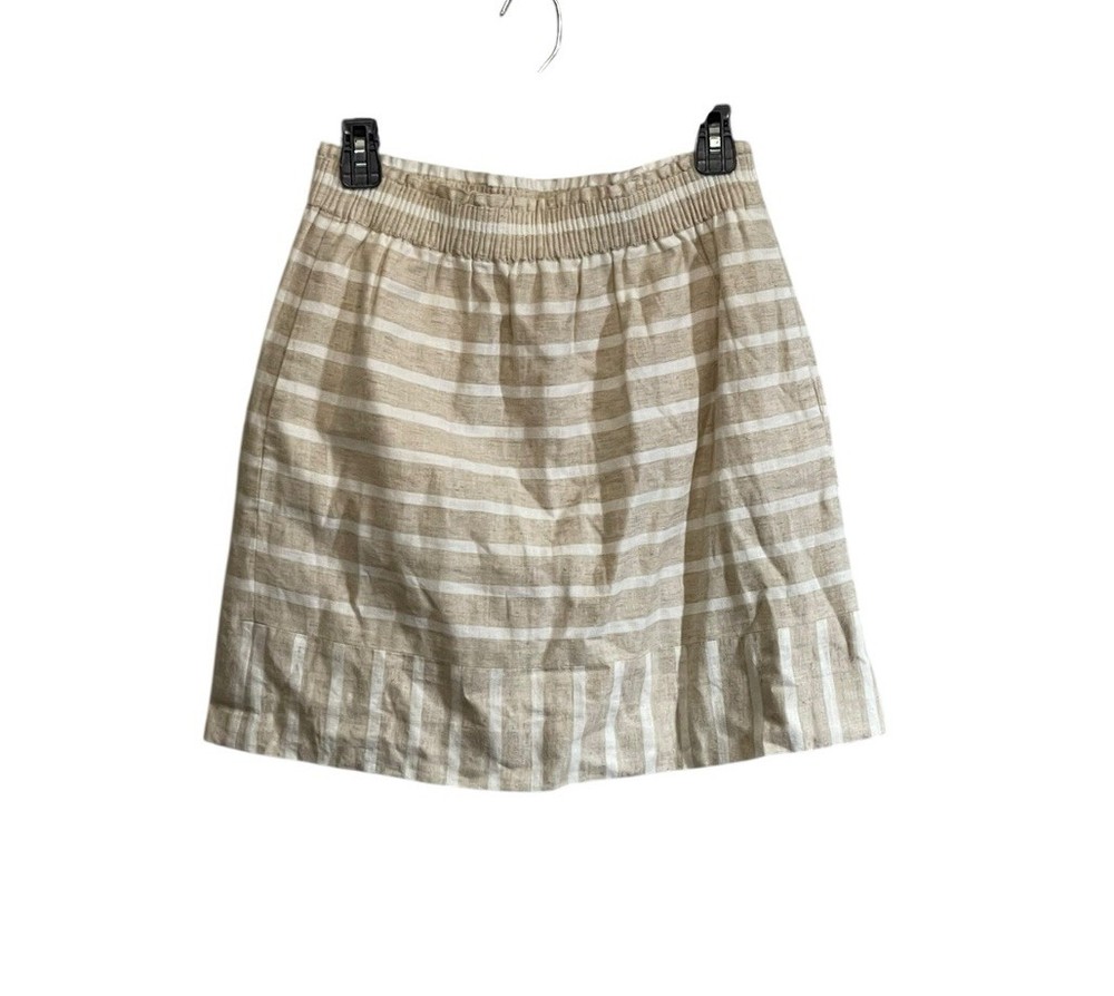 J Crew Sidewalk Mini Skirt Sz 4 Beige Stripe Linen Blend Pockets Elastic Waist