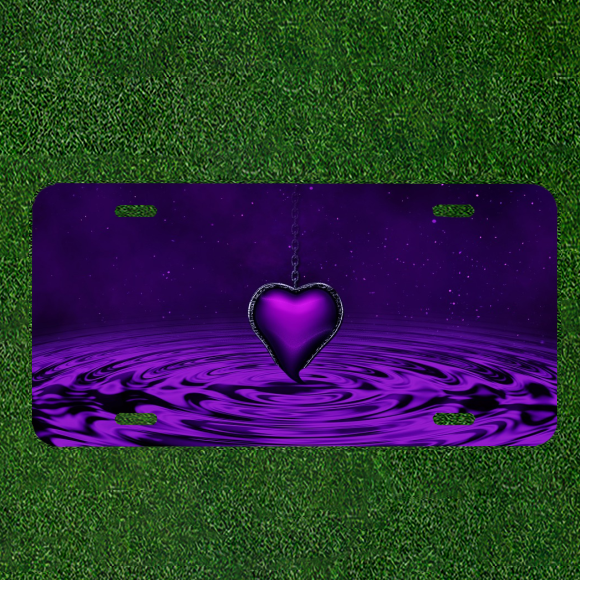 Custom Personalized Auto Tag With Stunning Purple Heart On Purple Swirling Water