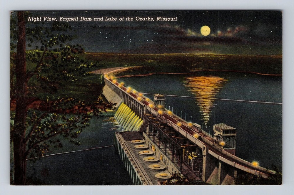 Lake Of Ozarks MO-Missouri, Night View Of Bagnell Dam, Vintage Souvenir Postcard