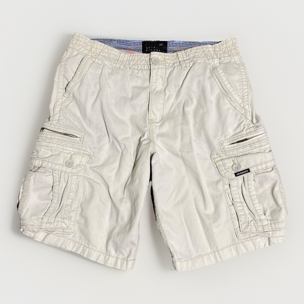 Quicksilver Cargo Shorts Men Size 34 Beige Cream Baggy Cyber Surf Skater Y2K Fit