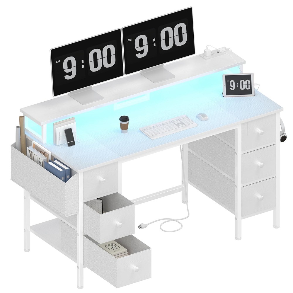 47-Inch White Computer Desk with Fabric Drawers and Storage Shelves for Home Office