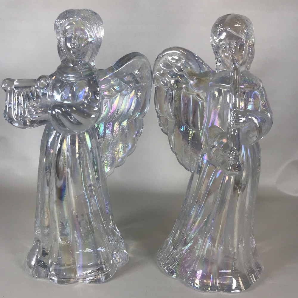 Iridescent Clear Glass angel candle holders Playing Instruments 6.5” Tall