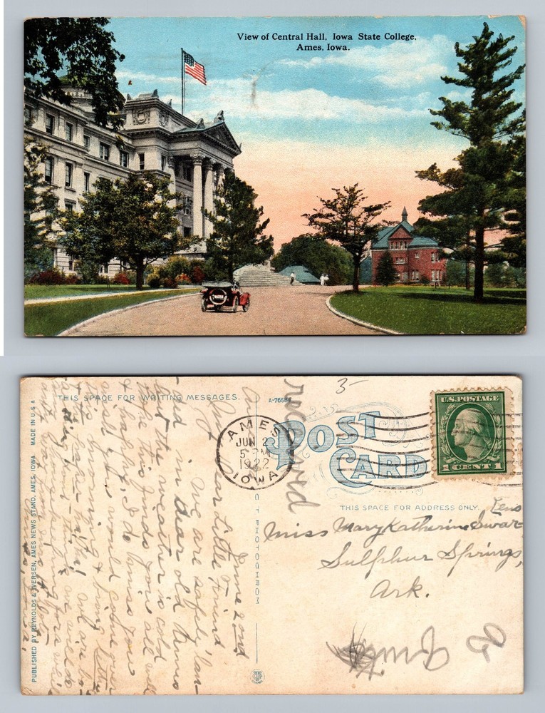 Ames, Iowa, Iowa State College Central Hall Street Scene Vintage c1922 Postcard